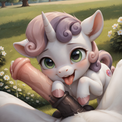 Size: 2560x2560 | Tagged: explicit, artist:venisoncreampie, shining armor, sweetie belle, ai assisted, ai content, blushing, cum, cute, cute porn, drool, duo, female, filly, foal, foalcon, g4, generator:stable diffusion, generator:vcp mix, hooves, horn, horsecock, imported from derpibooru, infidelity, infidelity armor, looking at you, male, nudity, offscreen character, open mouth, outdoors, penis, pony, pov, ship:shiningbelle, shipping, straight, unicorn