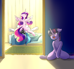 Size: 1500x1400 | Tagged: explicit, artist:silent_zer0, shining armor, twilight sparkle, ahegao, alicorn, bed, cowgirl position, female, filly, filly twilight sparkle, foal, foalcon, g4, horn, horsecock, human shoulders, imported from derpibooru, indoors, male, mare, masturbation, nudity, open mouth, penetration, penis, pony, pony on pony action, princess cadance, puddle, sex, ship:shiningcadance, shipping, spread legs, spreading, stallion, stallion on mare, straight, sweat, tongue out, trio, unicorn, vaginal, vaginal hoofing, vaginal masturbation, vaginal secretions, voyeurism, younger