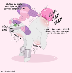 Size: 2480x2522 | Tagged: explicit, grimdark, artist:llkki, spike, sweetie belle, abdominal bulge, abuse, ambiguous penetration, anatomically incorrect, blank flank, bondage, crying, cuffs, dialogue, dildo, dildo gag, douchebag spike, dragon, dragon on filly, dragon on filly action, female, filly, foal, foalcon, g4, gag, horn, imported from derpibooru, impossible fit, knot, male, nudity, offscreen character, offscreen male, penetration, penis, pony, rape, sex, sex toy, solo focus, spike raping sweetie belle, sweetiebuse, tail, tail pull, text, unicorn, vulgar, who needs organs?