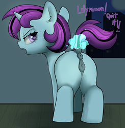 Size: 3121x3179 | Tagged: explicit, artist:dumbwoofer, ambermoon, anatomically correct, annoyed, anus, blank flank, dark genitals, dock, ear fluff, ears back, female, filly, foal, foalcon, g4, horn, implied lilymoon, imported from derpibooru, indoors, looking at you, looking back, looking back at you, magic, magic aura, moon, night, nudity, offscreen character, open mouth, ponut, pony, raised tail, siblings, sisters, solo, solo female, tail, talking, telekinesis, text, unicorn, vulva, window