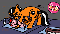 Size: 1280x720 | Tagged: explicit, artist:paciblabber, oc, oc:ever harmon, oc:redberry bite, 1000 hours in ms paint, age difference, baby, baby bottle, baby pony, babycon, big penis, crappy art, dialogue, eyes closed, father and child, father and daughter, female, filly, foal, foalcon, glasses, horn, horsecock, imported from derpibooru, incest, male, missionary position, nudity, oc only, orange fur, penetration, penis, pony, precum, sex, spread legs, spreading, stallion, stallion on filly, straight, unicorn, unicorn oc, vaginal