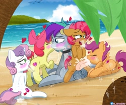 Size: 3000x2500 | Tagged: explicit, artist:juniverse, apple bloom, babs seed, scootaloo, sweetie belle, oc, oc:keokeo nui, anus, beach, blowjob, butt, canon x oc, choker, coconut, creampie, cum, cutie mark crusaders, diphallic, earth pony, ffffm fivesome, foalcon, food, g4, harem, haywaiian, horn, hybrid, imported from derpibooru, kissing, lucky bastard, multidick, nudity, ocean, one after another, oral, original species, outdoor sex, outdoors, palm tree, pegasus, penis, plot, sex, shark, shark pony, the cmc's cutie marks, tree, unicorn, vulva, water
