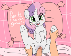 Size: 2382x1881 | Tagged: explicit, artist:itsvivi, sweetie belle, age difference, bed, bedroom eyes, blush scribble, blushing, cute, cute porn, dialogue, diasweetes, duo, duo male and female, female, filly, foal, foalcon, g4, hand on hip, hand on leg, heart, heart eyes, holding hoof, holding leg, holding legs, hooves to the chest, horn, human, human male, human male on filly, human on filly, human on pony action, human penis, imminent penetration, imminent sex, imported from derpibooru, innocent, interspecies, looking at you, lying down, male, nudity, offscreen character, on back, on bed, open mouth, penis, pillow, pony, pov, smiling, smiling at you, spread legs, spreading, straight, talking, talking to viewer, underhoof, unicorn, wingding eyes