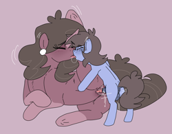 Size: 2685x2091 | Tagged: explicit, artist:itsvivi, oc, oc:cherry marianna, oc:trail scout, age difference, anatomically correct, anus, balls, blank flank, blushing, colt, ear piercing, earbuds, earring, earth pony, eyes closed, female, foal, foalcon, french kiss, fucked sideways, gradient background, horn, humping, imported from derpibooru, incest, jewelry, kissing, male, mare, mare on colt, mother and child, mother and son, nudity, oc only, pearl earrings, penetration, penis, piercing, ponut, pony, raised leg, sex, sideways, size difference, straight, straight shota, unicorn, vaginal, vaginal secretions, vulva