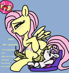 Size: 1600x1690 | Tagged: explicit, artist:paciblabber, fluttershy, sweetie belle, 1000 hours in ms paint, analingus, baby, baby pony, babycon, balls, blue background, blushing, butt, diaper, diaper belle, dickgirl, female, filly, foal, foalcon, futa, futa fluttershy, futa on female, futa on filly, g4, horn, horsecock, imported from derpibooru, intersex, nudity, oral, pegasus, penis, plot, pony, precum, sex, simple background, unicorn