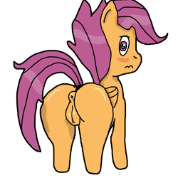 Size: 2048x2048 | Tagged: explicit, artist:background_pon3, scootaloo, alternate version, anus, blush sticker, blushing, butt, confused, female, filly, foal, foalcon, folded wings, g4, imported from derpibooru, looking at you, looking back, looking back at you, nude version, nudity, pegasus, plot, ponut, pony, rear view, shy, simple background, solo, solo female, tail, tail aside, transparent background, unsure, vulva, wings