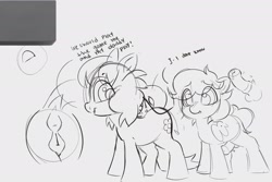 Size: 2048x1365 | Tagged: explicit, artist:mushy, oc, oc:noodle doodle, oc:pea, anatomically correct, anus, blushing, colt, dialogue, dripping precum, duo, duo male and female, earth pony, earth pony oc, erection, female, filly, foal, foalcon, grayscale, horsecock, imminent sex, implied father and daughter, implied incest, imported from derpibooru, male, monochrome, nervous, nudity, pegasus, pegasus oc, penis, ponut, pony, precum, raised tail, reacting to nudity, sketch, smiling, tail, vulva