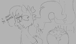 Size: 3500x2000 | Tagged: explicit, artist:mushy, oc, oc:pea, anatomically correct, anus, clothes, crotchboobs, delicious flat crotch, dialogue, dock, earth pony, earth pony oc, female, filly, foal, foalcon, grayscale, imported from derpibooru, looking back, monochrome, nipples, nudity, oc only, open mouth, open smile, panties, ponut, pony, raised tail, sketch, sketch dump, smiling, solo, solo female, tail, teats, underwear, vulva