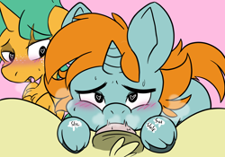 Size: 2388x1668 | Tagged: explicit, artist:steelsoul, oc, oc:golden trim, age difference, blowjob, blushing, canon x oc, colt, cute, cute porn, dark genitals, deepthroat, derpibooru exclusive, erection, foal, foalcon, freckles, g4, gay, heart, heart eyes, hooves, horn, imported from derpibooru, looking at you, male, male pov, nudity, offscreen character, offscreen male, onomatopoeia, open mouth, oral, panting, penis, pink background, pony, pov, sex, simple background, snails, snips, spread legs, spreading, stallion, stallion on colt, sweat, sweatdrop, tail, trio, trio male, unicorn, unicorn oc, unshorn fetlocks, wall of tags, wingding eyes
