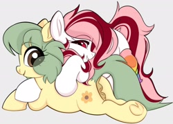Size: 2048x1468 | Tagged: explicit, artist:mushy, oc, oc:pea, oc:toricelli, anatomically correct, anus, butt, casual nudity, commission, dock, duo, duo female, earth pony, female, filly, foal, foalcon, gray background, grin, hug, imported from derpibooru, looking back, lying down, nudity, oc only, plot, ponut, pony, prone, simple background, smiling, tail, underhoof, vulva