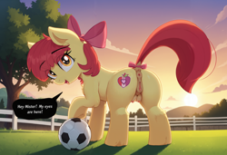 Size: 4864x3328 | Tagged: explicit, apple bloom, ai composition, ai content, anus, apple bloom's bow, big crotchboobs, bloom butt, bow, butt, crotchboobs, dock, earth pony, eye clipping through hair, eyebrows, eyebrows visible through hair, female, fence, filly, foal, foalcon, football, g4, generator:pony diffusion v6 xl, generator:stable diffusion, grass, grass field, hair bow, hill, imported from derpibooru, looking at you, looking back, looking back at you, mountain, nipples, nudity, open mouth, outdoors, plot, pony, prompter:kimberlite, puckered asshole, raised tail, solo, solo female, speech bubble, sports, sun, sunrise, tail, tail bow, talking to viewer, teats, tree, underhoof, vulva