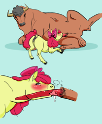 Size: 1984x2399 | Tagged: explicit, artist:llkki, apple bloom, age difference, anus, apple bloom's bow, balls, blowjob, bovine, bovine on equine action, bow, bull, bull cock, dark genitals, deepthroat, duo, duo male and female, earth pony, female, filly, foal, foalcon, g4, hair bow, hoers, horns, imported from derpibooru, interspecies, looking pleasured, lying down, male, nudity, on side, oral, part of a set, penis, ponut, pony, sex, straight, sucking, sweat, sweaty balls, vulva, x-ray