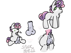 Size: 2732x2048 | Tagged: explicit, artist:nitrox, sweetie belle, anus, balls, blank flank, chest fluff, colt, cute, fluffy, foal, foalcon, g4, green eyes, horn, horsecock, imported from derpibooru, looking away, looking down, male, nudity, penis, ponut, pony, raised tail, rear view, rule 63, shading, short tail, silver bell, simple background, smiling, tail, transparent background, unicorn, white fur