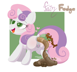 Size: 682x639 | Tagged: explicit, grotesque, artist:fairyfudge, sweetie belle, alternate version, anatomically correct, anus, bedroom eyes, blushing, butt, butt blush, clitoris, dock, female, fetish, filly, floating heart, foal, foalcon, g4, heart, horn, imported from derpibooru, nudity, onomatopoeia, open mouth, open smile, plot, ponut, pony, poop, pooping, rear view, scat, signature, smiling, solo, solo female, sound effects, steam, style emulation, sweetiepoo, tail, tongue out, unicorn, vulva, vulvar winking