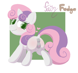 Size: 682x639 | Tagged: explicit, artist:fairyfudge, sweetie belle, anatomically correct, anus, blushing, butt, butt blush, clitoris, dock, female, filly, floating heart, foal, foalcon, g4, grotesque source, heart, horn, imported from derpibooru, looking back, nudity, plot, ponut, pony, rear view, signature, smiling, smirk, solo, solo female, style emulation, tail, unicorn, vulva, vulvar winking