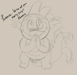 Size: 1534x1500 | Tagged: explicit, artist:mushroompup, spike, begging, cute, dialogue, dragon, foalcon, g4, hands together, implied cunnilingus, implied foalcon, implied oral, implied rarity, implied sex, implied shipping, implied sparity, implied straight, imported from derpibooru, looking at you, looking up, looking up at you, male, monochrome, nudity, one sided shipping, open mouth, open smile, part of a series, part of a set, penis, simple background, smiling, solo, solo male, spikabetes, tail, tail wrap, tan background, teary eyes, wingless spike