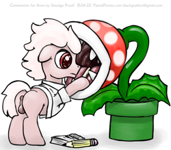 Size: 1500x1311 | Tagged: explicit, artist:smudge proof, oc, anus, balls, butt, clothes, colt, commission, crossover, doctor, floppy ears, foal, foalcon, frown, imminent vore, imported from derpibooru, lab coat, male, nintendo, notepad, nudity, oc only, open mouth, pencil, piranha plant, playing doctor, plot, ponut, solo, super mario, this will end in death, this will end in tears, this will end in tears and/or death, this will end in vore