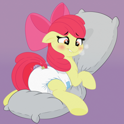 Size: 2000x2000 | Tagged: questionable, artist:nineplusten, apple bloom, adorabloom, apple bloom's bow, blank flank, blushing, bow, cute, diaper, diaper fetish, diaper humping, diaperbloom, earth pony, female, fetish, filly, foal, foalcon, g4, hair bow, hug, humping, imported from derpibooru, lip bite, non-baby in diaper, pillow, pillow hug, pillow humping, pony, purple background, simple background, solo, solo female