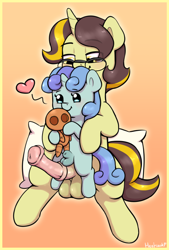 Size: 457x675 | Tagged: explicit, artist:heretichesh, oc, oc:golden trim, oc:rocky (colt quest), age difference, balls, beady eyes, bipedal, blushing, cock riding, colt, colt quest, commission, cute, derpibooru exclusive, doll, duo, erection, foal, foalcon, gay, glasses, golem, gradient background, heart, holding a pony, horn, horsecock, imported from derpibooru, larger male, male, nudity, oc only, oc x oc, ocbetes, penis, pillow, pony, pony on pony action, sheath, sheathed, ship:goldenky, shipping, size difference, smaller male, smiling, stallion, stallion on colt, toy, two toned mane, unicorn, unicorn oc, wall of tags