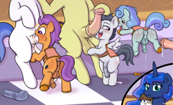Size: 2927x1784 | Tagged: explicit, artist:heretichesh, princess luna, oc, oc:golden trim, oc:rocky (colt quest), after anal orgasm, age difference, anal, anal creampie, anus, balls, big dom small sub, blowjob, blushing, canon x oc, colored, colt, commission, complex background, concerned, creampie, cum, cum in mouth, derpibooru exclusive, dildo, dominant, earth pony, erection, female, foal, foalcon, from behind, from front, g4, gay, grin, group sex, hands free, high res, horn, horsecock, imported from derpibooru, large penetration, larger male, looking at you, male, maledom, malesub, mare, nudity, open mouth, oral, oral creampie, orgasm, pegasus, penetration, penis, pipsqueak, pony, pony on pony action, ponydom, ponysub, royal guard, rumble, saddle, sex, sex toy, simultaneous orgasm, size difference, smaller male, smiling, stallion, stallion on colt, submissive, tack, tender taps, tiled floor, tongue out, unicorn, unicorn oc, wall of tags, wings