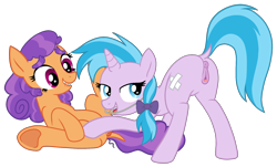 Size: 1839x1109 | Tagged: explicit, artist:fillyfool, anatomically correct, anus, ass up, bandage, bedroom eyes, bow, braces, clitoris, curly mane, derpibooru exclusive, dock, duo, duo female, earth pony, eyebrows, female, filly, filly on filly, foal, foalcon, frog (hoof), g4, hair bow, holding leg, hooves, horn, imported from derpibooru, lesbian, lip bite, long legs, looking at you, looking back, looking down, loose hair, lying down, nudity, on back, pearly whites, plaid stripes, pony, pony on pony action, raised tail, reverse foalcon, ship:pearlystripes, shipping, show accurate, show accurate porn, simple background, slender, spread legs, spreading, tail, teenager, thin, transparent background, underhoof, unicorn, vulva
