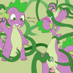 Size: 2500x2500 | Tagged: explicit, artist:ashersketch, spike, anal insertion, blushing, bondage, bound arms, cum, cumming, dialogue, dragon, foalcon, forced, g4, genital slit, genital slit penetration, imported from derpibooru, insertion, male, nudity, oral, penetration, penis, solo, solo male, spread anus, tail, tail pull, tentacle blowjob, tentacle bondage, tentacle porn, tentacles, tentacles on male, text