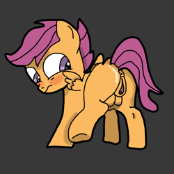 Size: 1024x1024 | Tagged: explicit, artist:background_pon3, scootaloo, anus, butt, crotchboobs, digital art, embarrassed, female, filly, foal, foalcon, g4, gray background, hooves, imported from derpibooru, nipples, nudity, pegasus, plot, pony, shading, simple background, solo, solo female, spread wings, vulva, wingboner, wings