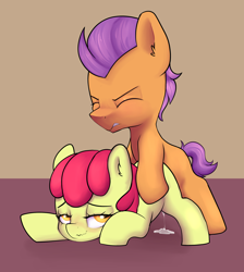 Size: 2316x2584 | Tagged: explicit, artist:dumbwoofer, apple bloom, blank flank, blushing, colt, colt on filly, creampie, cum, cum pool, dripping, dripping cum, duo, duo male and female, ear fluff, earth pony, excessive cum, eyes closed, female, filly, foal, foalcon, g4, imported from derpibooru, male, orgasm, penetration, pony, sex, ship:tenderbloom, shipping, straight, tender taps, vaginal