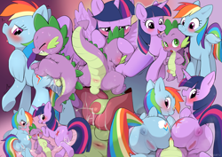 Size: 5000x3537 | Tagged: explicit, artist:marimo189981, rainbow dash, spike, twilight sparkle, aftersex, age difference, alicorn, anus, baby dragon on mare, blowjob, blushing, butt, creampie, cum, double blowjob, dragon, dragon on pony action, female, foal, foalcon, g4, group sex, hotdogging, human penis, imported from derpibooru, interspecies, licking, licking cock, male, mare, montage, multiple blowjob, nudity, open mouth, oral, pegasus, penetration, penis, plot, ponut, pony, sex, ship:rainbowspike, ship:spikelightdash, ship:twispike, shipping, size difference, spike gets all the mares, straight, sweat, threesome, tongue out, vaginal, vulva, wingless spike