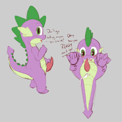 Size: 2500x2500 | Tagged: explicit, artist:ashersketch, spike, after anal, after anal orgasm, aftersex, anal creampie, creampie, cum, dialogue, dragon, foalcon, g4, genital slit, gray background, implied gay, imported from derpibooru, male, presenting, presenting butt, simple background, solo, solo male