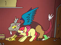 Size: 2732x2048 | Tagged: explicit, artist:nitrox, apple bloom, age difference, ambiguous penetration, apple bloom's bow, barn, beard, bloomcord, blushing, bow, colored, dirt, discord, door, draconequus, draconequus on pony action, drool, duo, duo male and female, earth pony, facial hair, feline cock, female, filly, flat colors, foal, foalcon, g4, hair bow, hay, hay bale, imported from derpibooru, interspecies, looking at someone, male, not rape, nudity, penetration, penis, pony, rock, sex, size difference, spiked penis, straight, tail, tail between legs, wings