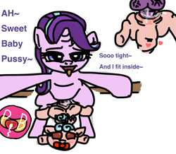 Size: 1765x1539 | Tagged: explicit, grimdark, artist:paciblabber, starlight glimmer, 1000 hours in ms paint, ahegao, baby, baby pony, babycon, balls, bedroom eyes, cozy glow, female, filly, floppy ears, foal, foalcon, futa, futa on female, futa on filly, futa starlight glimmer, g4, genitals, heart, imported from derpibooru, intersex, looking pleasured, nudity, open mouth, pacifier, penetration, penis, pony, rape, sex, spread arms, spread legs, spreading, starlight is a foal fiddler, tongue out, vaginal, vaginal secretions, veiny balls, vulva