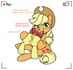 Size: 529x504 | Tagged: explicit, artist:myra, apple bloom, applejack, age difference, anus, apple sisters, applecest, assisted exposure, battery, bent over, bloom butt, blushing, butt, butt touch, camera shot, dialogue, dock, duo, duo female, earth pony, female, filly, foal, foalcon, g4, hat, hoof on butt, implied vulvar winking, imported from derpibooru, lesbian, looking at camera, mare, mare on filly, nudity, plot, ponut, pony, presenting, recording, ship:bloomjack, shipping, siblings, simple background, sisters, sitting, sitting on lap, smiling, tail, talking, text, vulva, white background