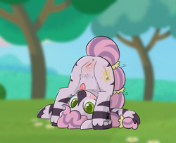 Size: 2737x2221 | Tagged: explicit, artist:hopefulsparks, :p, alternate character, alternate version, anus, ass up, blurry background, blush lines, blushing, butt, cel shading, commission, commissioner:dragonpone, crotchboobs, exhibitionism, face down ass up, female, filly, foal, foalcon, frontbend, g5, human vulva, human vulva on zebra, imported from derpibooru, looking at you, nipples, nudity, outdoors, plot, public nudity, shading, signature, skye, smiling, solo, solo female, tail, teats, tongue out, tree, unshorn fetlocks, upside down, vulva, ych result, zebra