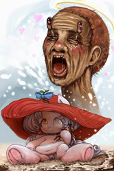 Size: 956x1442 | Tagged: explicit, grotesque, artist:darkstylerz, oc, oc:milhrena von krugens fldavnucl of smrt nemůže být poražena pouze odložena, beach, belly, belly button, blushing, chubby, crab, crotchboobs, crying, cute, dark genitals, death, earth pony, eating, emoji, fat, female, filly, foal, foalcon, frog (hoof), hard vore, hat, heterochromia, hoof blush, hoofbutt, hooves, human, hybrid, imported from derpibooru, meme, nipples, not salmon, nudity, oc only, orgasm, pony, ribbon, sand, soul, spread legs, spreading, style emulation, sun hat, surreal, underhoof, uohhhhhhhhh!, vore, vulva, wat, wtf, 😭