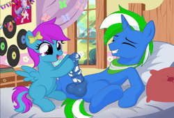 Size: 2000x1371 | Tagged: explicit, oc, oc:sapphire melody, oc:steel spark, aftersex, age difference, animated, anonymous artist, bandana, blank flank, bow, brother and sister, cum, cumming, duo, facial, female, filly, filly on stallion, foal, foalcon, g4, hair bow, hoofjob, horn, horsecock, imported from derpibooru, incest, male, mottled genitals, no sound, nudity, oc only, orgasm, pegasus, penis, pony, sex, show accurate, show accurate porn, siblings, stallion, stallion on filly, straight, unicorn, webm