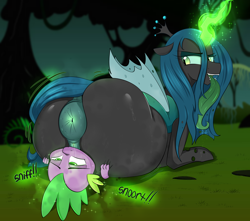 Size: 3743x3316 | Tagged: explicit, artist:elewdfurs, queen chrysalis, spike, age difference, anus, bugbutt, butt, changeling, changeling queen, chrysalass, dragon, drool, duo, duo male and female, faceful of ass, facesitting, female, fetish, foalcon, g4, imported from derpibooru, impossibly large ponut, large butt, large ponut, large tongue, long tongue, looking back, male, musk, nudity, olfactophilia, open mouth, open smile, plot, ponut, ship:chryspike, shipping, size difference, smiling, straight, sweat, sweaty butt, tongue out