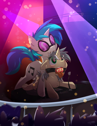 Size: 2539x3307 | Tagged: explicit, artist:sip, oc, oc:mercury shine, abdominal bulge, ballgag, balls, blushing, canon x oc, dj pon-3, duo focus, exhibitionism, female, filly, foal, foalcon, from behind, futa, futa on female, futa on filly, futa vinyl scratch, g4, gag, grin, heart, heart eyes, horn, imported from derpibooru, intersex, mercury shine actually having a pretty good time, nudity, penis, pony, public sex, sex, smiling, tongue out, unicorn, unicorn oc, vinyl scratch, wingding eyes