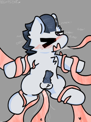 Size: 2048x2732 | Tagged: explicit, artist:nightstar, anal, balls, blushing, bondage, chest fluff, colt, dialogue, drool, drool string, dubious consent, ear fluff, foal, foalcon, g4, genitals, gray background, held up, horsecock, implied anal, imported from derpibooru, looking down, male, nudity, one eye closed, penetration, penis, pony, possible rape, rumble, sex, shading, short mane, simple background, solo, solo male, spread legs, spreading, tentacle bondage, tentacle porn, tentacles, tentacles on colt, tentacles on male, text, vulgar