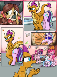 Size: 768x1024 | Tagged: explicit, artist:mrleft, pinkie pie, starlight glimmer, series:school snacks, anus, backwards cutie mark, bifröst, butt, cloaca, dragon, earth pony, foalcon, friendship student, g4, genital slit, glimmer prey, hippogriff, horn, imported from derpibooru, nudity, pegasus, plot, pony, silverstream, smolder, smolderpred, story in the source, unicorn, vore, yak, yona