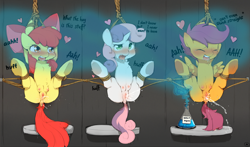 Size: 4976x2928 | Tagged: explicit, editor:button fixer, apple bloom, scootaloo, sweetie belle, ai composition, ai content, anus, aphrodisiac, arm behind head, bdsm, belly, belly button, blushing, bondage, bondage gear, bow, butt, chest fluff, clitoris, crotchboobs, cute, cutie mark crusaders, derpibooru exclusive, dock, drool, ear blush, earth pony, endless orgasm, erlenmeyer flask, excessive vaginal secretions, female, female ejaculation, female orgasm, females only, filly, flask, foal, foalcon, forced orgasm, g4, gas, generator:stable diffusion, hair bow, hands free, hanging, heart, hooves, horn, huff, human vulva on pony, imported from derpibooru, mind break, multiple orgasms, nipples, nudity, open mouth, orgasm, pegasus, penetration, plot, pony, potion, redraw, restrained, rope, rope bondage, secret horse files, shaking, shivering, simultaneous orgasm, smiling, speech, spontaneous orgasm, spreading, squirting, suspended, suspension bondage, tail, talking, teats, trio, trio female, underhoof, unicorn, vaginal secretions, vulva, wings