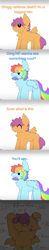 Size: 397x2043 | Tagged: grimdark, questionable, artist:worry qwp., rainbow dash, scootaloo, comic:silly comic, 5 panel comic, blushing, comic, crappy art, crying, cuffs, dialogue, duo, duo female, female, female on female rape, filly, foal, foalcon, g4, handcuffed, heart, heart eyes, implied rainbow dash, imported from derpibooru, mare, nonconsensual, offscreen character, offscreen female, offscreen sex, part of a series, part of a set, pastel, pegasus, pony, rape, sex, short mane, text, this ended in tears, tiktok slideshow, tiktok source, wingding eyes