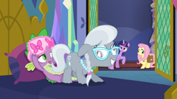 Size: 1920x1080 | Tagged: explicit, fluttershy, silver spoon, spike, twilight sparkle, a health of information, alicorn, baby, baby dragon, baby dragon on filly, bag, bed, bedroom, braid, caught, cum, dragon, dragon on filly, dragon on filly action, dragon on pony action, earth pony, edit, edited screencap, female, filly, foal, foalcon, g4, glasses, group, imported from derpibooru, interspecies, jewelry, male, my little pony: friendship is magic, necklace, nudity, pegasus, penis, pillow, pony, quartet, saddle bag, screencap, season 7, sex, ship:silverspike, shipping, straight, this will end in pregnancy, twilight's bedroom, twilight's castle, wingless spike