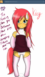 Size: 600x1014 | Tagged: explicit, artist:psychoticmindsystem, oc, oc:vixy hooves, clothes, dripping, foalcon, imported from derpibooru, leaking, legwear, nightgown, nudity, oc only, semi-anthro, simple background, solo, stockings, text, thigh highs, vagina, vaginal secretions, vulva, white background