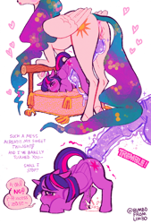 Size: 1578x2335 | Tagged: explicit, artist:bimbofromlimbo, princess celestia, twilight sparkle, alicorn, anus, ass up, bed, cum, cum string, dialogue, duo, face down ass up, female, foal, foalcon, futa, futa on female, futa princess celestia, g4, herm, herm on female, horsecock, imported from derpibooru, intercrural sex, intersex, magic, magic penis, magic penis prosthetic, nudity, penis, ponut, pony, sex, ship:twilestia, shipping, simple background, vaginal secretions, vulva, white background