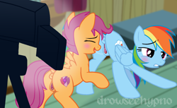 Size: 1754x1070 | Tagged: explicit, artist:drowseehypno, rainbow dash, scootaloo, adult, anatomically correct, anus, blushing, butt, camera, camera flashes, camera shot, cum, cumming, cunnilingus, dock, drool, drool string, duo, duo female, female, filly, foal, foalcon, g4, imported from derpibooru, lesbian, mare, nudity, older, older scootaloo, oral, pegasus, plot, ponut, pony, sex, ship:scootadash, shipping, show accurate, show accurate porn, tail, tongue out, treehouse, vulva