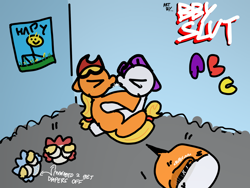 Size: 2160x1620 | Tagged: explicit, artist:bbyslut, applejack, rarity, abc, aged down, baby, baby pony, babycon, carpet, crappy art, diaper aside, diaper on floor, dildo, doubleheaded dildo, duo, duo female, female, filly, filly on filly, foal, foalcon, g4, hat, imported from derpibooru, indoors, insertion, kissing, lesbian, nudity, pony, pony on pony action, poster, sex toy, ship:rarijack, shipping, vaginal insertion, vaginal secretions, vulva, watermark, younger
