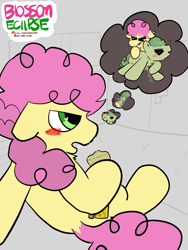 Size: 1620x2160 | Tagged: explicit, artist:blossomeclipse, apple bud, blushing, colored, colt, colt on colt, cum, derpibooru exclusive, ears back, earth pony, femboy, flat colors, foal, foalcon, g4, gay, horsecock, imported from derpibooru, li'l cheese, male, masturbation, nudity, penis, pony, rarepair, reverse foalcon, ship:li'lbud, solo focus, thought bubble, watermark