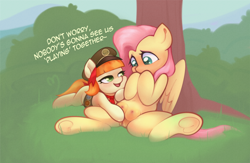 Size: 3216x2100 | Tagged: explicit, artist:sb66, fluttershy, age difference, anatomically incorrect crotchboobs, bedroom eyes, big crotchboobs, blank flank, blushing, bow, commission, crotchboobs, cute, derpibooru exclusive, duo, duo female, earth pony, female, filly, filly guides, filly on mare, foal, foalcon, foaldom, fondling, forest background, g4, grin, hiding face, high res, imported from derpibooru, lesbian, mare, masturbation, nipples, nudity, outdoors, pegasus, pony, reverse foalcon, scout uniform, ship:flutterlong, shy, sitting, smiling, spread legs, spreading, tag-a-long, tail, tail bow, text, tree, underhoof, vaginal secretions, vulva
