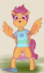 Size: 1113x1847 | Tagged: explicit, artist:starvingunicorn, scootaloo, bipedal, blushing, clothes, crotchboobs, female, foalcon, g4, imported from derpibooru, nipples, nudity, panties, panties pulled down, semi-anthro, shirt, shorts, shorts pulled down, solo, solo female, underwear, vaginal secretions, vulva